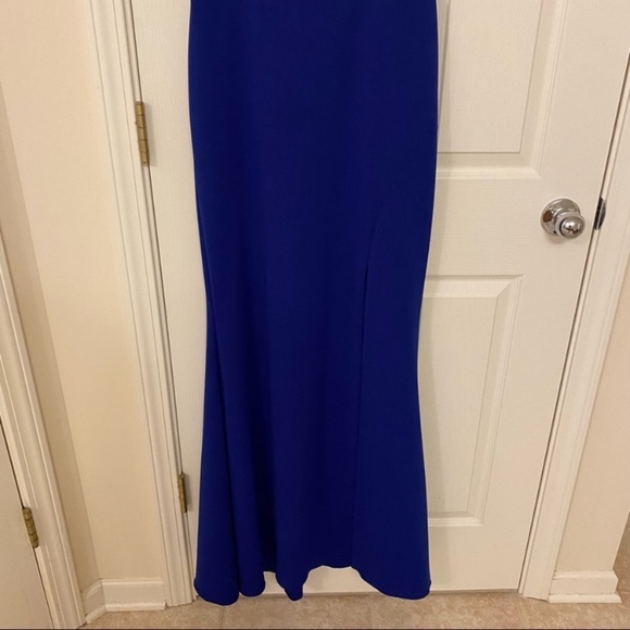 XSCAPE asymmetrical Off-The-Shoulder Scuba Crepe Gown in Marine - Picture 5 of 9